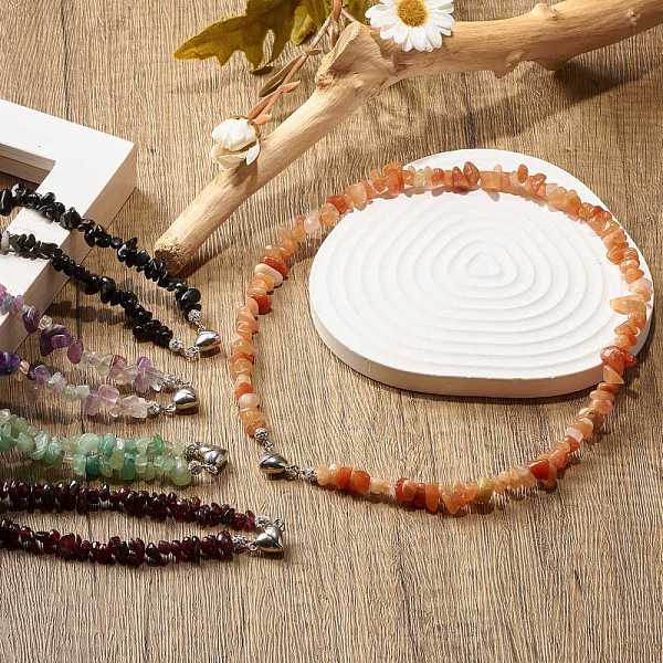 

PandaHall Natural Stone Chips Beaded Necklace with Heart Alloy Magnetic Clasps, Gemstone Jewelry for Women, 16.5 inch(41.9cm) Mixed Stone