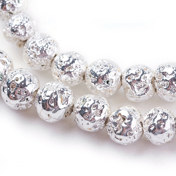 

PandaHall Electroplated Natural Lava Rock Beads Strands, Round, Bumpy, Silver Plated, 4mm, Hole: 1mm, about 90pcs/strand, 15.35 inch(39cm)...