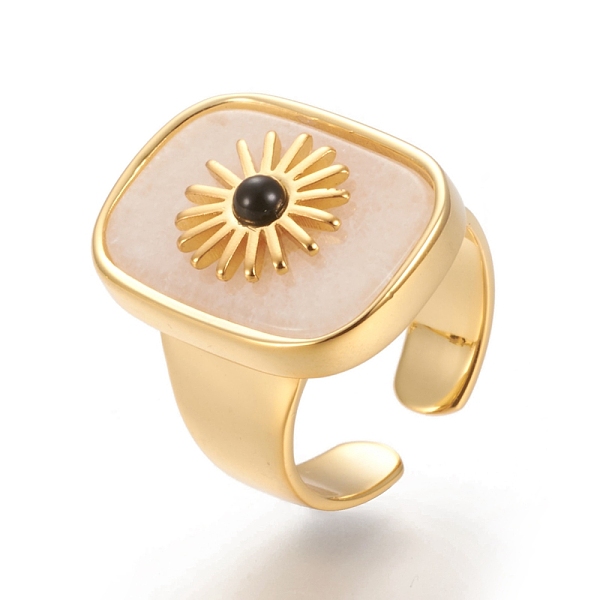 

PandaHall Natural White Jade & Black Agate Cuff Rings, Open Rings, Long-Lasting Plated, Rectangle with Sun, Real 18K Gold Plated, Size 7...