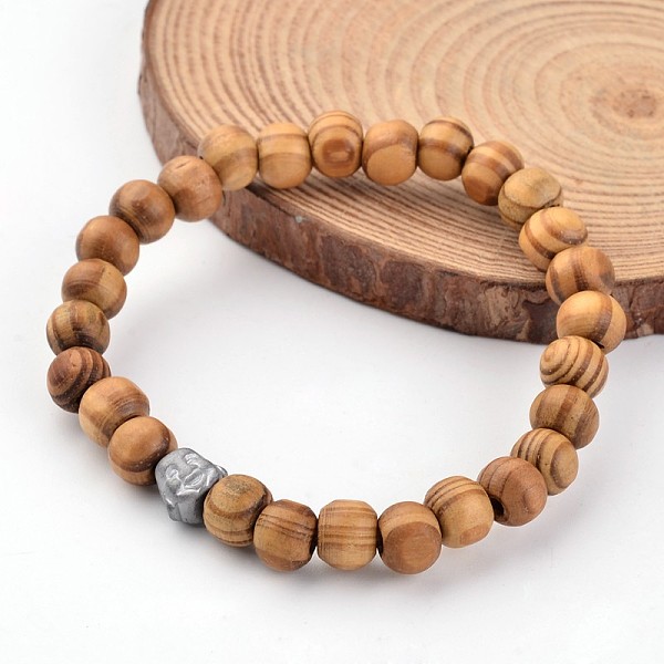 

PandaHall Buddha Head Wood Beaded Stretch Kids Bracelets, with Electroplated Non-Magnetic Hematite Beads, BurlyWood, 45mm Wood Orange