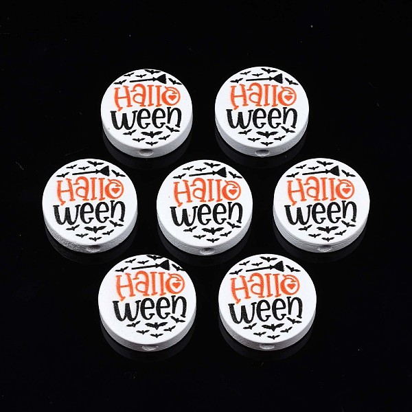 

PandaHall Halloween Printed Natural Wood Beads, Flat Round with Bat & Word Halloween, Orange Red, 19~20x5.9mm, Hole: 2~2.2mm Schima Wood...