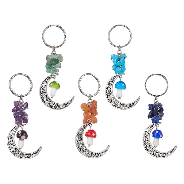 

PandaHall Hollow Moon Alloy Pendant Keycahin, with Gemstone Chip Beads and Mushroom Handmade Lampwork Beads, Iron Split Key Rings...