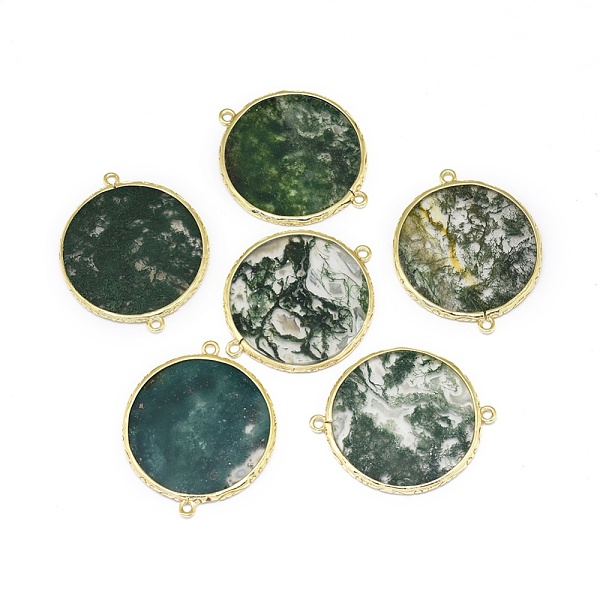 

PandaHall Natural Moss Agate Links connectors, with Golden Tone Brass Findings, Flat Round, 39~40x32.5~33x2~2.5mm, Hole: 1.8mm Moss Agate...