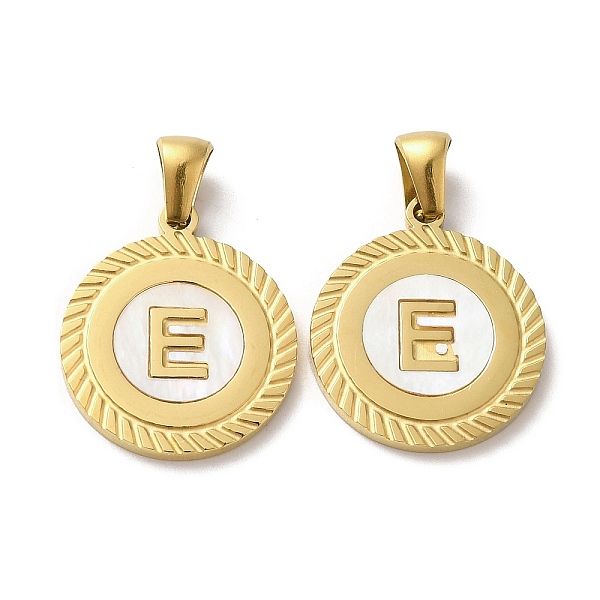 

PandaHall Ion Plating(IP) 304 Stainless Steel Pendants, Flat Round Shell Charms with Letter, Golden, Letter E, 20.5x17.5x1.5mm, Hole...