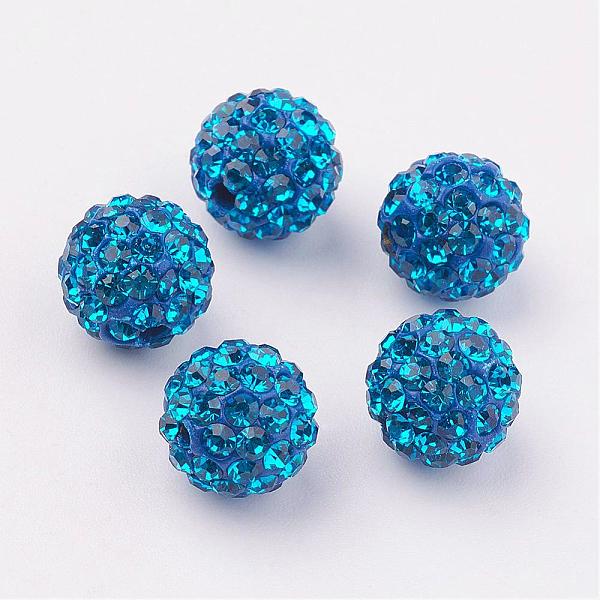 PandaHall Polymer Clay Rhinestone Beads, Pave Disco Ball Beads, Grade A, Round, PP15, Capri Blue, 10mm, Hole: 1.8~2mm, 6 Rows Rhinestone...