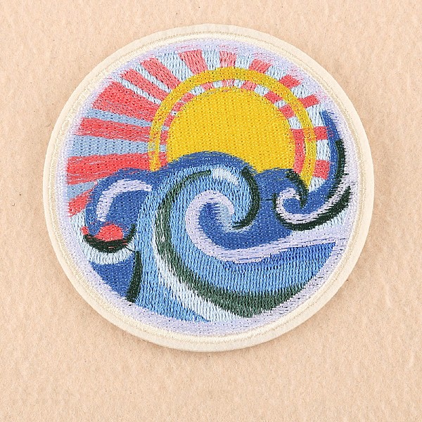 PandaHall Computerized Embroidery Cloth Iron on/Sew on Patches, Costume Accessories, Appliques, Flat Round with Sea Wave, Colorful, 80mm...