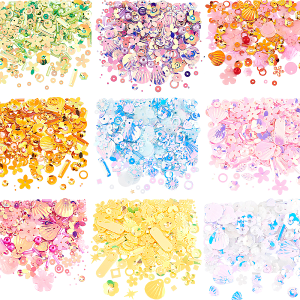 

PandaHall Olycraft 9 Bags 9 Colors Plastic Paillette Beads, Sequin Beads, Mixed Shapes, Mixed Color, 4x4x0.1mm, Hole: 1mm, 1bag/color..., Multicolor