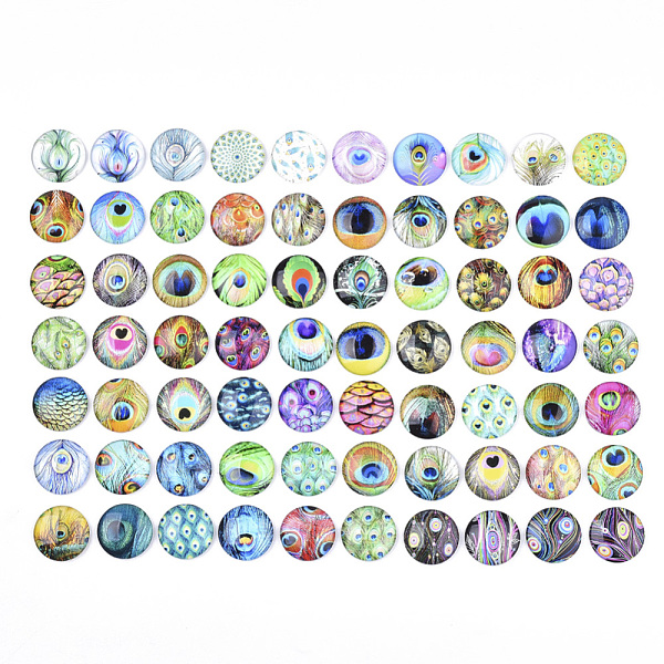 

PandaHall Flatback Glass Cabochons for DIY Projects, Dome/Half Round with Peacock Feathers Pattern, Mixed Color, 25x6mm Glass Half Round..., Multicolor