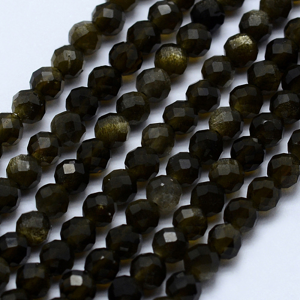 

PandaHall Natural Golden Sheen Obsidian Beads Strands, Faceted, Round, 3~3.5mm, Hole: 0.5mm, about 130~138pcs/strand, 15.7 inch(40cm) Golden...