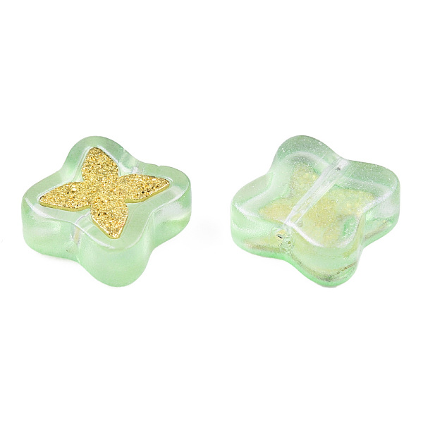 

PandaHall Transparent Spray Painted Glass Beads, with Glitter Powder and Golden Plated Brass Findings, Flower, Light Green, 11x11x4.5mm...