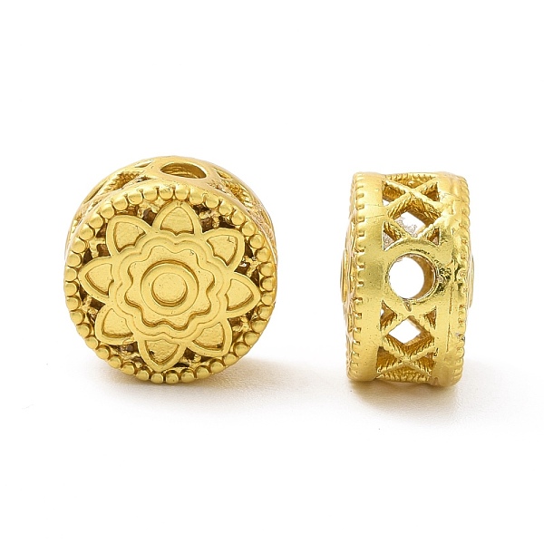 

PandaHall Rack Plating Brass Beads, Long-Lasting Plated, Lead Free & Cadmium Free, Flat Round with Flower, Matte Gold Color, 10x6mm, Hole...