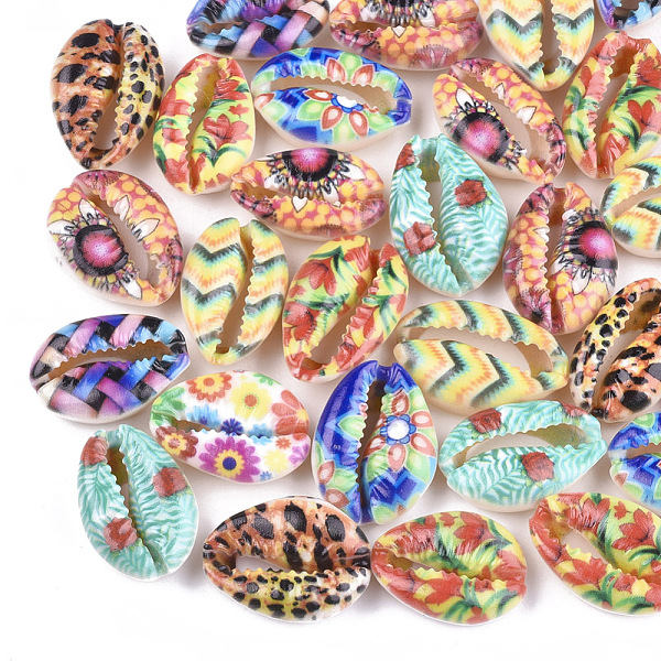 

PandaHall Printed Cowrie Shell Beads, No Hole/Undrilled, Colorful, 20~25x13~17x7~8mm Cowrie Shell Shell Shape