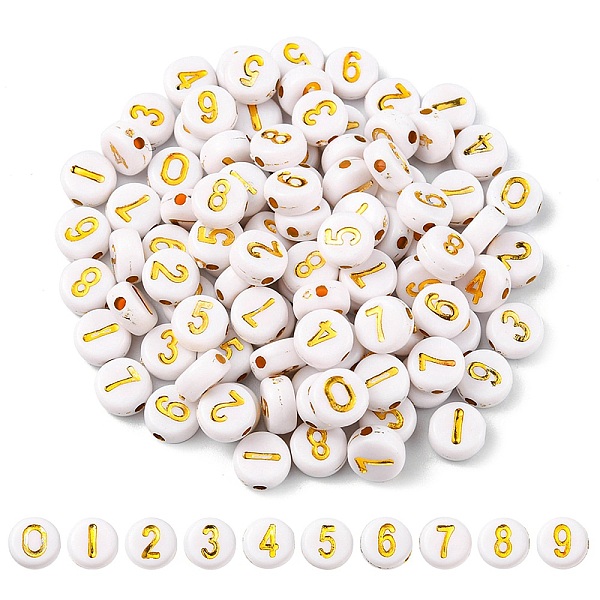 

PandaHall Plating Acrylic Beads, Golden Metal Enlaced, Flat Round with Number, White, White, 7x4mm, Hole: 1.2mm Acrylic Flat Round White