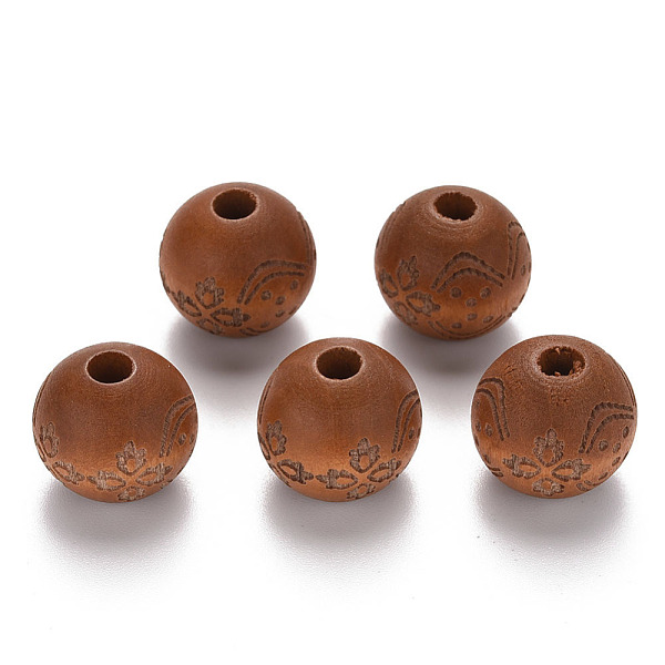 

PandaHall Painted Natural Wood Beads, Laser Engraved Pattern, Round with Flower Pattern, Peru, 16x15mm, Hole: 4mm Schima Wood Round Brown