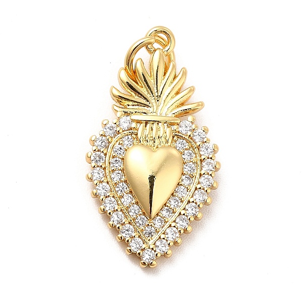 PandaHall Rack Plating Brass Micro Pave Cubic Zirconia Pendants, Sacred Heart Charm, Mexican Milagro Flaming Holy Heart Charm, Long-Lasting...