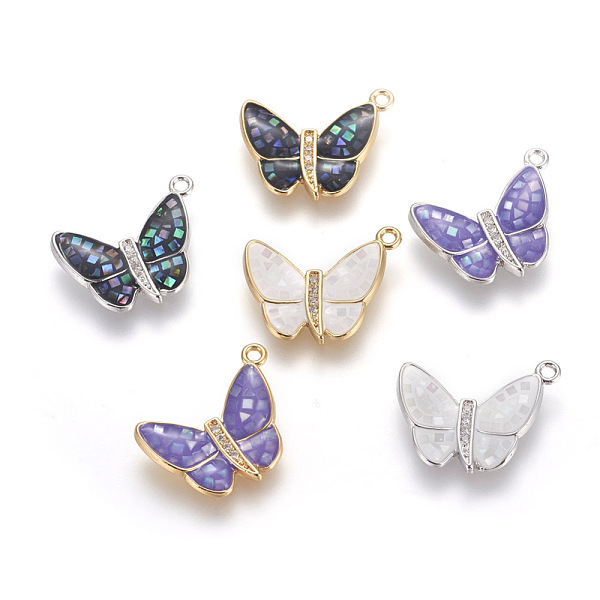 

PandaHall Brass Enamel Pendants, with Freshwater Shell and Micro Pave Cubic Zirconia, Butterfly, Mixed Color, 14x17x2mm, Hole: 1.4mm..., Multicolor