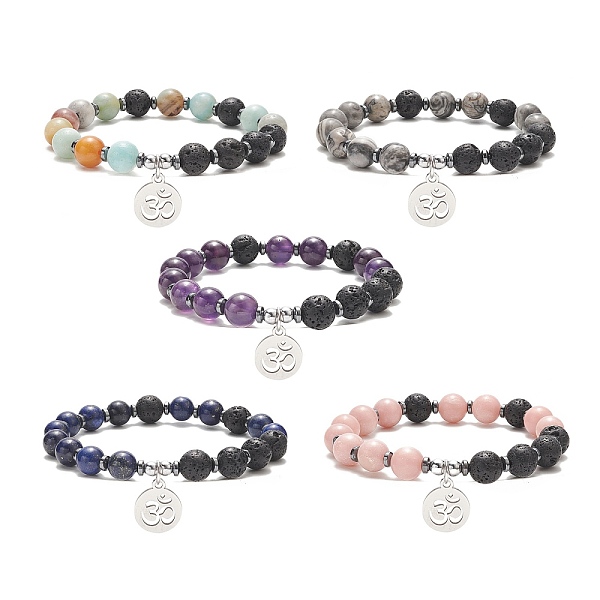 

PandaHall Natural & Synthetic Mixed Gemstone & Lava Rock Beaded Stretch Bracelet, 304 Stainless Steel Yoga Theme Adjustable Bracelet for...