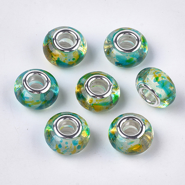 

PandaHall Resin European Beads, Large Hole Beads, with Silver Color Plated Brass Cores, Rondelle, Colorful, 14x8.5~9mm, Hole: 5mm...