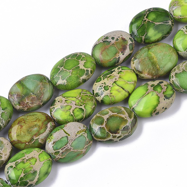 

PandaHall Natural Imperial Jasper Beads Strands, Dyed, Oval, Green Yellow, 16x12x6mm, Hole: 1.4mm, about 25pcs/Strand, 15.75 inch(40cm)...