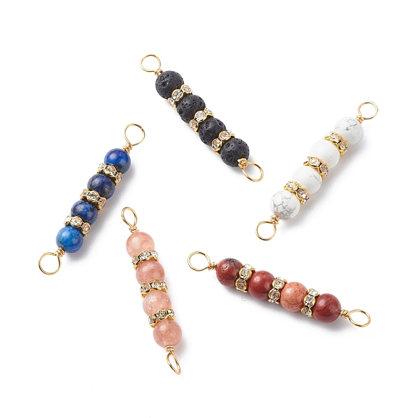 

PandaHall Natural Mixed Gemstone Connector Charms, with Golden Tone Copper Wire Wrapped and Brass Rhinestone Spacer Beads, Round, Mixed Dyed...