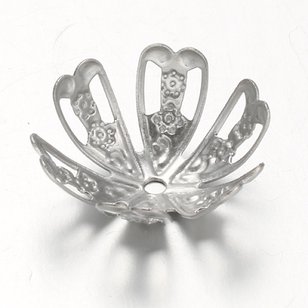 

PandaHall 6-Petal 304 Stainless Steel Flower Bead Caps, Fancy Bead Caps, Stainless Steel Color, 17x6mm, Hole: 1.5mm 304 Stainless Steel