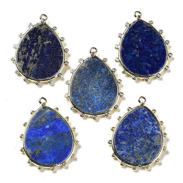 

PandaHall Natural Lapis Lazuli Pendants, Rack Plating Golden Tone Brass Pave Clear Cubic Zirconia Teardrop Charms, 30.5x23.5x2mm, Hole...