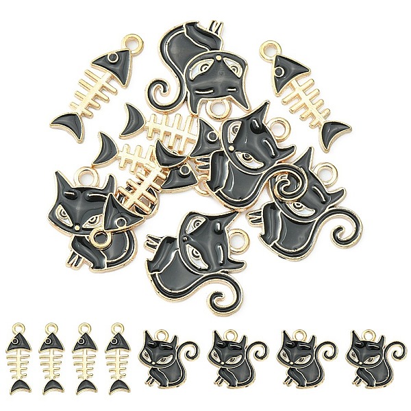 

PandaHall 10Pcs 2 Styles Alloy Enamel Pendants, Cat & Fish Bone, Light Gold, Black, 21~24x8~20x1.5mm, Hole: 2mm, 5pcs/style Alloy+Enamel...