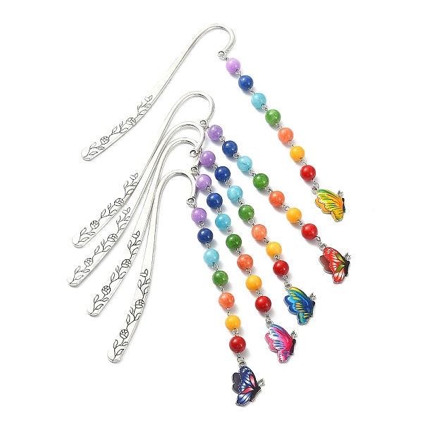 

PandaHall Natural Mashan Jade Hook Bookmarks, Printed Butterfly Alloy Enamel Charms Bookmarks, Mixed Color, 222mm Jade Butterfly Multicolor