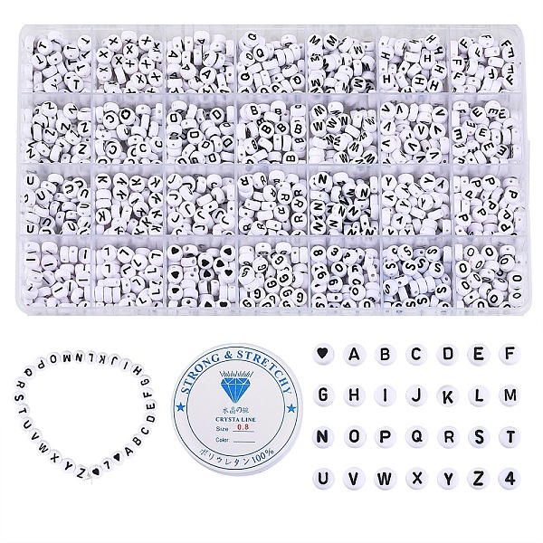 

PandaHall DIY Necklace & Bracelet Making Kits, including 1400Pcs Flat Round with Heart & Letter & Number Pattern Acrylic Beads, Elastic..., White