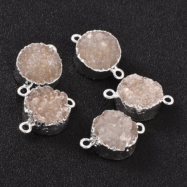 

PandaHall Flat Round Plated Natural Druzy Quartz Links connectors, with Silver Color Plated Brass Finding, 22~23x15~16x5~6mm, Hole: 2mm...