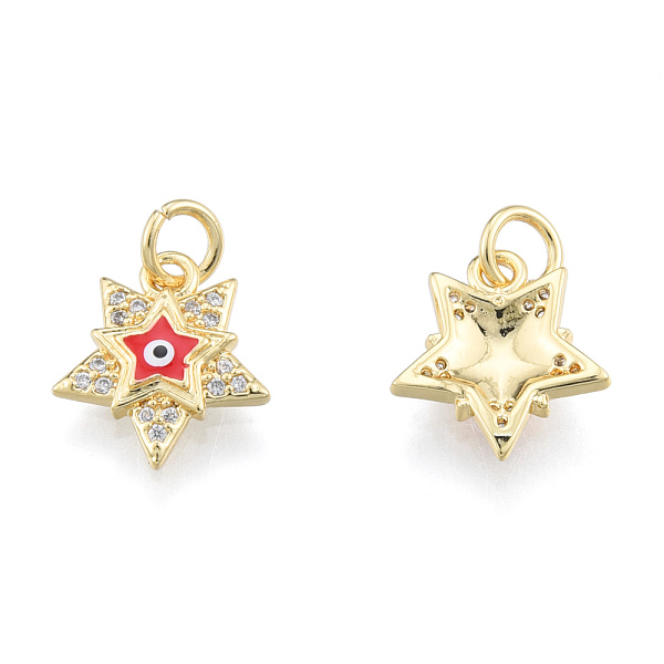 

PandaHall Brass Micro Pave Clear Cubic Zirconia Charms, with Enamel and Jump Rings, Real 18K Gold Plated, Nickel Free, Star with Evil Eye..., Red