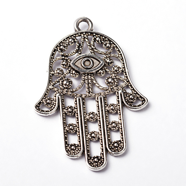 

PandaHall Hamsa Hand/Hand of Fatima/Hand of Miriam with Eye Tibetan Style Alloy Pendants, Cadmium Free & Lead Free, Antique Silver...