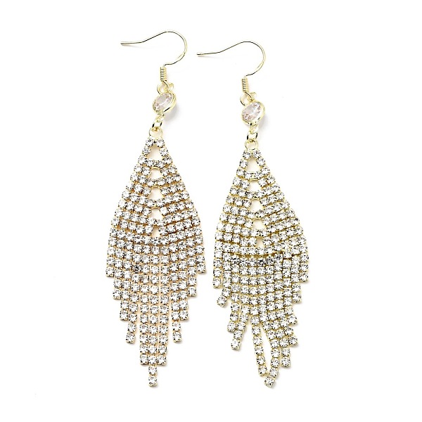 

PandaHall Crystal Rhinestone Rhombus Dangle Earrings, Brass Long Drop Earrings for Women, Light Gold, 95mm, Pin: 0.9mm Rhinestone Clear