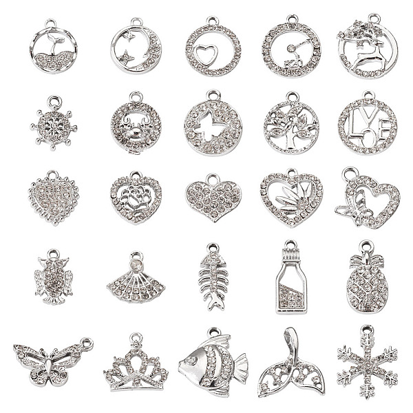 

PandaHall 50Pcs 25 Styles Alloy Rhinestone Charms, Flat Round & Heart & Fan & Crown & Fishbone & Christmas Snowflake Charms, Platinum..., Clear
