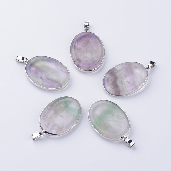 

PandaHall Natural Fluorite Massage Pendants, with Brass Findings, Oval, Platinum, 40x26~27x5~6mm, Hole: 6x3mm Fluorite Oval