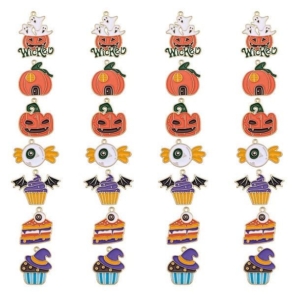 

PandaHall 28Pcs 7 Style Halloween Alloy Enamel Pendants, Ghost Pumpkin & Pumpkin House & Candy with Eye, Golden, 26x22mm, 4pcs/style...