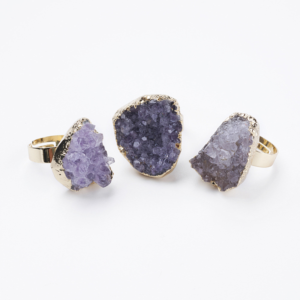

PandaHall Adjustable Natural Druzy Amethyst Finger Rings, Nuggets, Size 8, Golden, 18mm Amethyst
