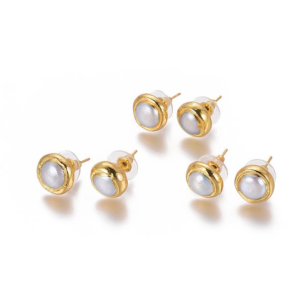 

PandaHall Natural Pearl Stud Earrings, with Brass Findings, Brass Ear Nuts, Earring Backs, with Plastic, Flat Round, Golden, 12~12.5x8.5mm..., White