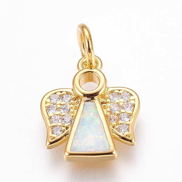 

PandaHall Brass Cubic Zirconia Pendants, with Synthetic Opal, Angel, Golden, White, 14.5x12x2.5mm, Hole: 4mm Brass+Cubic Zirconia Angel &...