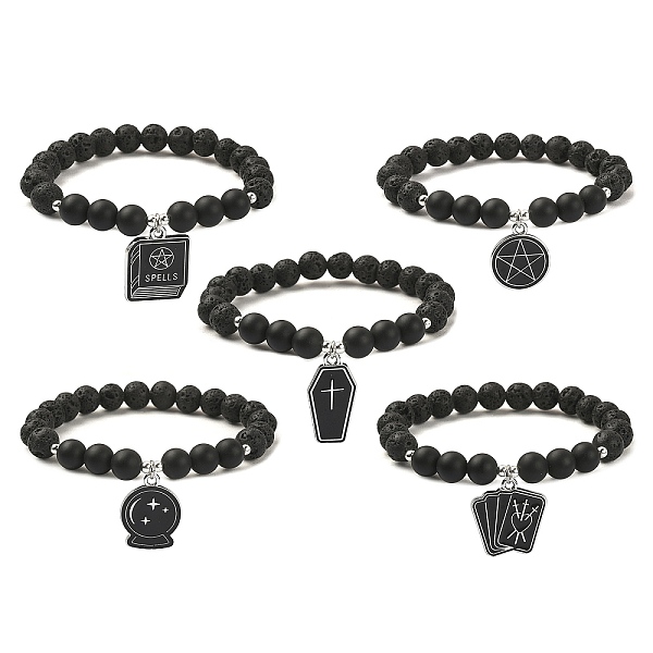 

PandaHall Natural Lava Rock & Black Agate Beaded Stretch Bracelet with Alloy Enamel Charms, Mixed Shapes, Inner Diameter: 2-1/8 inch(5.4cm)...