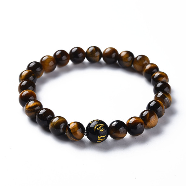 

PandaHall Natural Tiger Eye Mala Bead Bracelets, with Glass Beads, Round with Om Mani Padme Hum, Buddhist Jewelry, Stretch Bracelets, Inner...