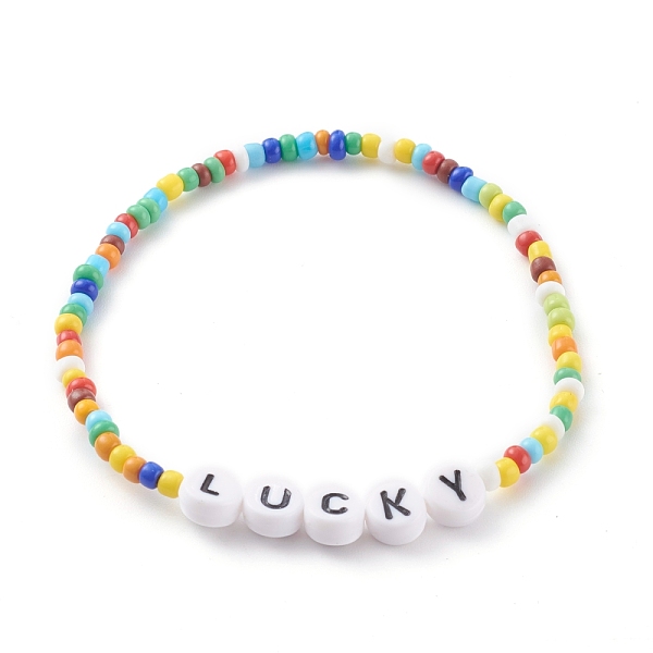 

PandaHall Glass Seed Beads Stretch Bracelets, with Acrylic Letter Beads, Word LUCKY, Colorful, Inner Diameter: 2-1/4 inch(5.7cm) Glass