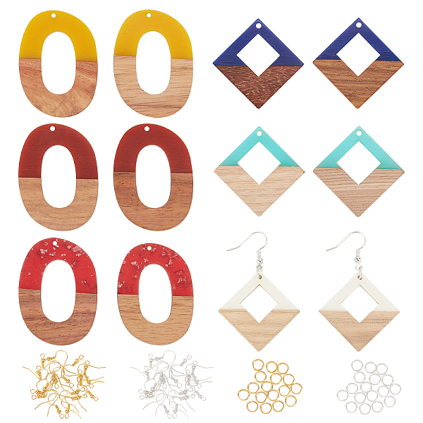 

PandaHall Olycraft DIY Wooden Dangle Earring Making Kits, Including 12Pcs 2 Colors Oval & Rhombus Resin & Walnut Wood Pendants, Brass..., Multicolor