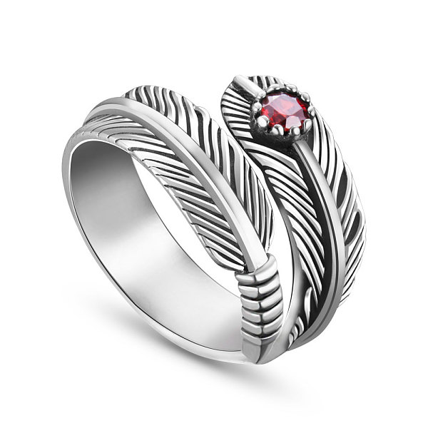 

PandaHall SHEGRACE Antique Feather 925 Sterling Silver Cuff Rings, Open Rings, with Red Zircon, Antique Silver, 18mm Sterling Silver Red