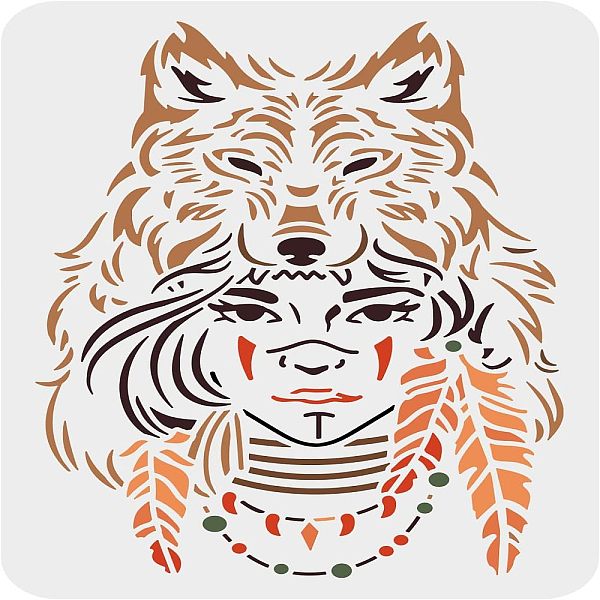 

PandaHall FINGERINSPIRE Wolf Girl Stencil 29.7x21cm Reusable Tribal Girl Craft Stencils Plastic PET Wolf Head Necklace Feather Drawing...