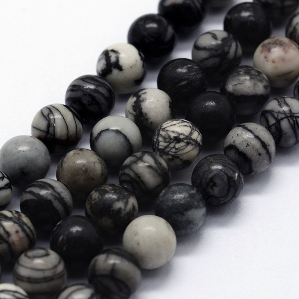 

PandaHall Natural Black Silk Stone/Netstone Beads Strands, Round, 6~6.5mm, Hole: 0.5mm, about 63pcs/strand, 14.96 inch(38cm) Netstone Round