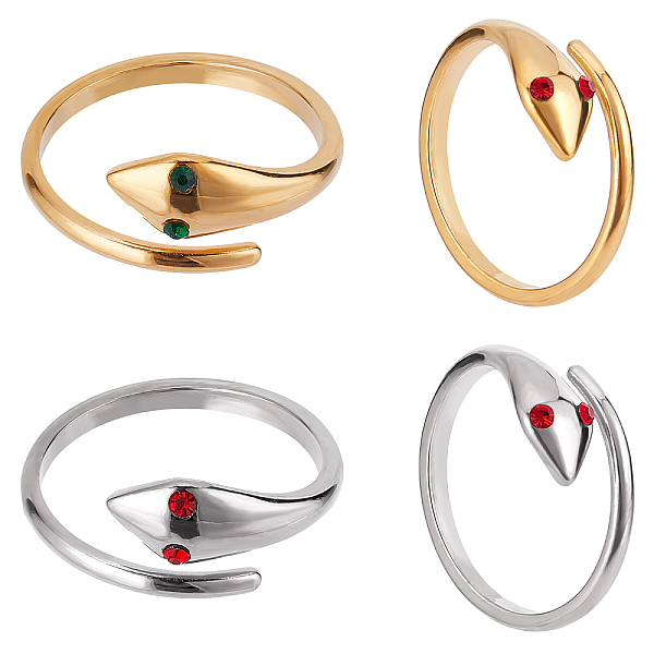 

PandaHall 4Pcs 2 Colors 304 Stainless Steel Snake Wrap Open Cuff Ring with Rhinestone for Women, Golden & Stainless Steel Color, Mixed..., Multicolor