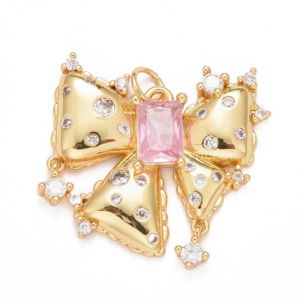 

PandaHall Rack Plating Brass Pink & Clear Cubic Zirconia Pendants, Cadmium Free & Nickel Free & Lead Free, Long-Lasting Plated, Bowknot...