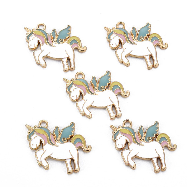 

PandaHall Rack Plating Alloy Enamel Pendants, Cadmium Free & Nickel Free & Lead Free, Unicorn, Light Gold, White, 26x25x2mm, Hole: 2mm...