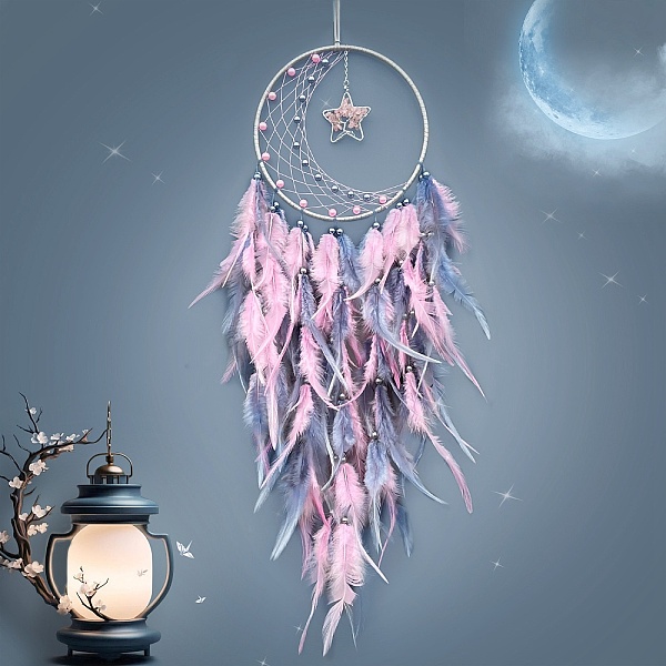 

PandaHall Woven Web/Net with Feather Decorations, with Iron Ring and Natural Gemstone, Star Charm for Home Bedroom Hanging Decorations...